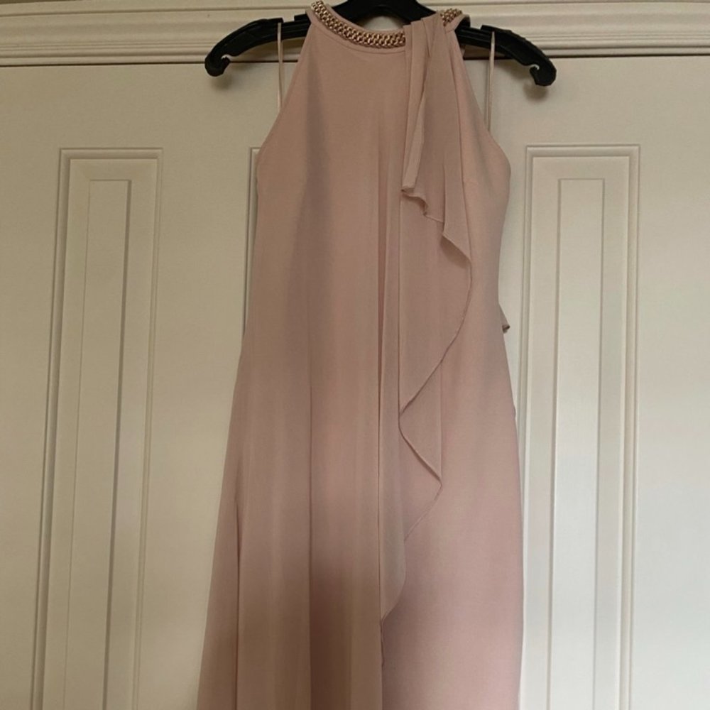 Formal dress.  Pale peach. Wedding. Sheer veil.